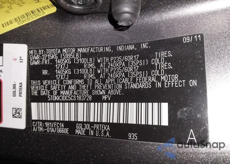 2012 Toyota Sienna Le V6 8 Passenger из США, поврежденный, VIN 5TDKK3DC5CS183728